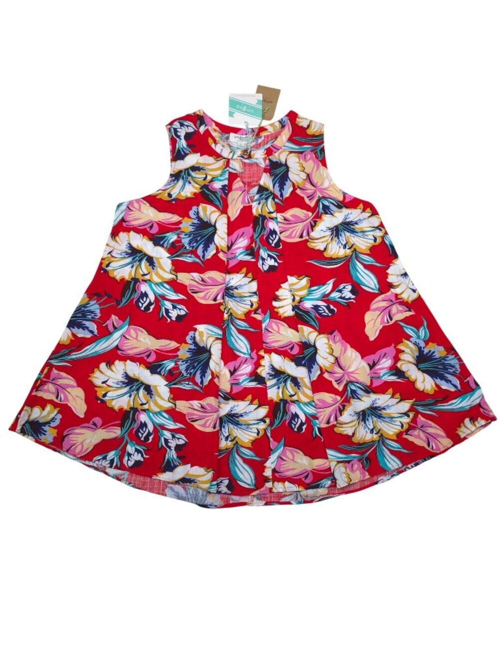 Umgee Red Floral Sleeveless Dress Womens Size Small Cotton Blend 30.5" Long